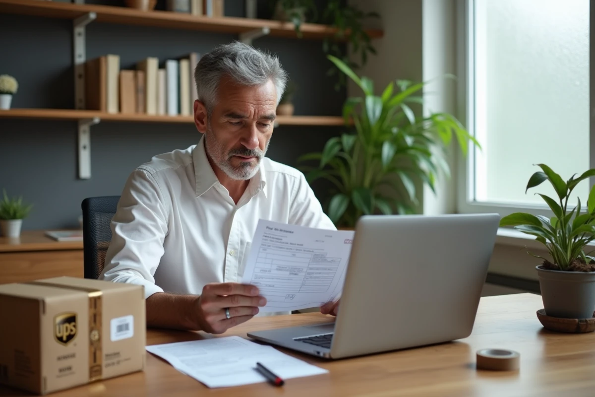 E-commerçant gérant un retour colis UPS depuis son bureau à domicile sur le portail client