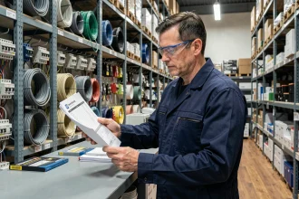 Électricien professionnel au comptoir d'un grossiste en matériel électrique pour le bâtiment
