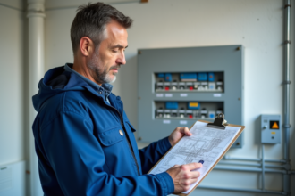 Électricien vérifiant un schéma électrique dans un bureau moderne