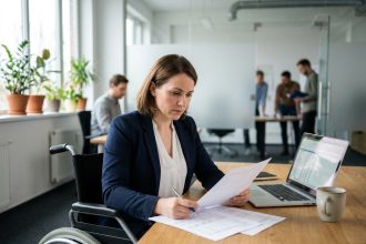Femme en situation de handicap utilisant un fauteuil roulant travaillant dans un bureau inclusif moderne