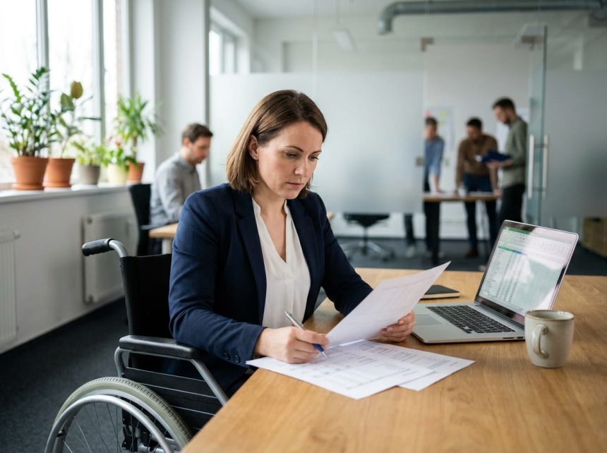 Femme en situation de handicap utilisant un fauteuil roulant travaillant dans un bureau inclusif moderne
