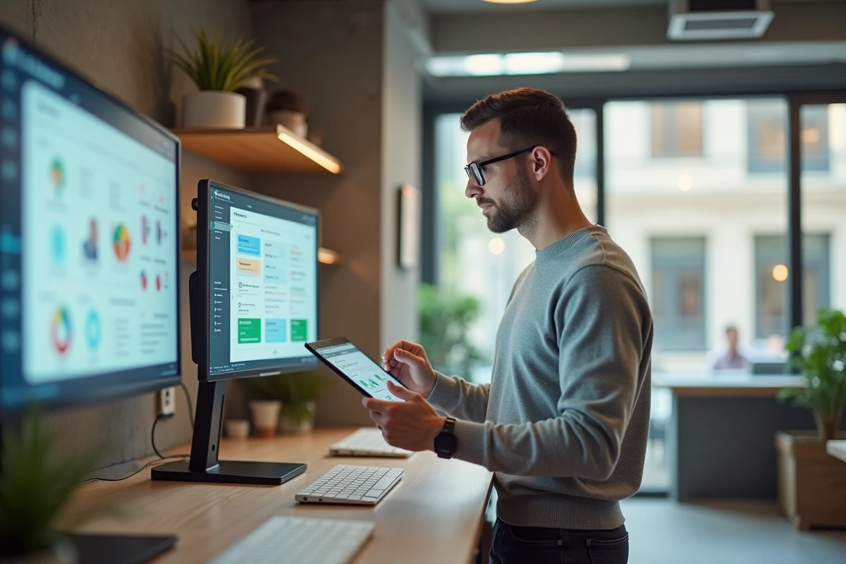 Employé en télétravail hybride consultant un portail digital workplace sur tablette et ordinateur dans un espace de coworking moderne