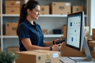 Employée d'un e-commerçant scannant un colis UPS sur un bureau de traitement des commandes