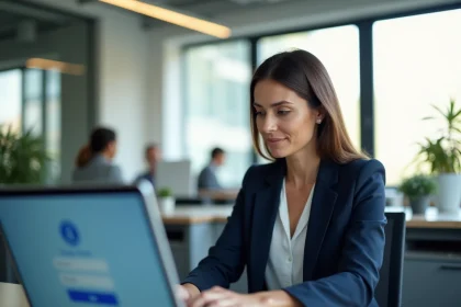Employée La Poste accédant à son espace extranet GTm sur un ordinateur portable au bureau