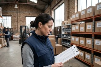 Employée logistique devant un rayonnage industriel organisé dans un entrepôt bordelais