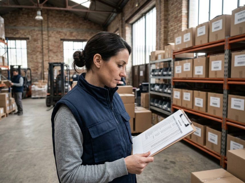 Employée logistique devant un rayonnage industriel organisé dans un entrepôt bordelais