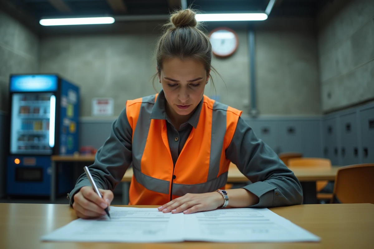 Employée logistique en pause nocturne comparant des documents de salaire dans une salle de pause d'entrepôt