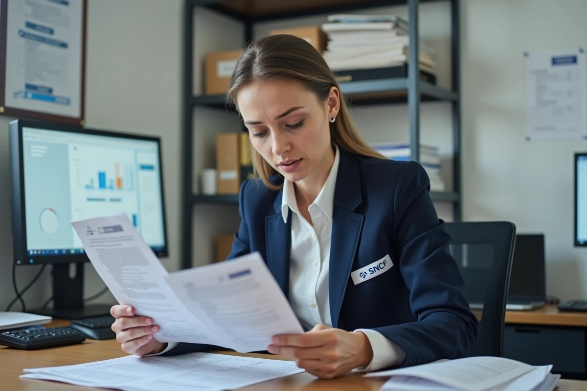 Employée SNCF analysant ses fiches de paie et documents de retraite dans un bureau administratif, illustrant les enjeux financiers d'une démission
