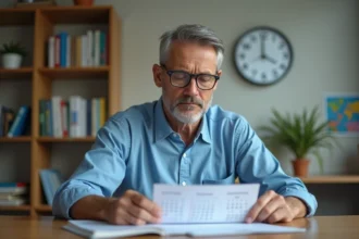 Professeur d'âge moyen examinant un calendrier de paie dans un bureau moderne