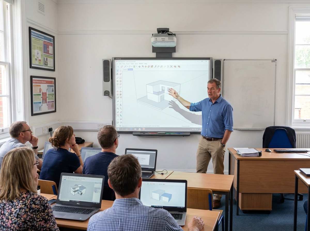 Homme enseignant expliquant un tutoriel SketchUp en classe