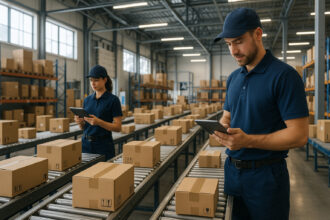 Photo d'un entrepôt moderne avec colis et employés utilisant des tablettes