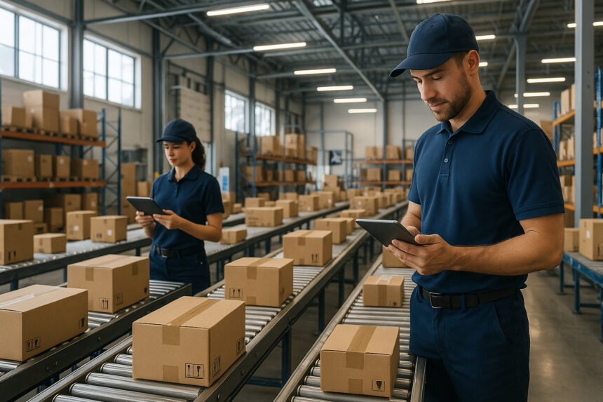 Photo d'un entrepôt moderne avec colis et employés utilisant des tablettes