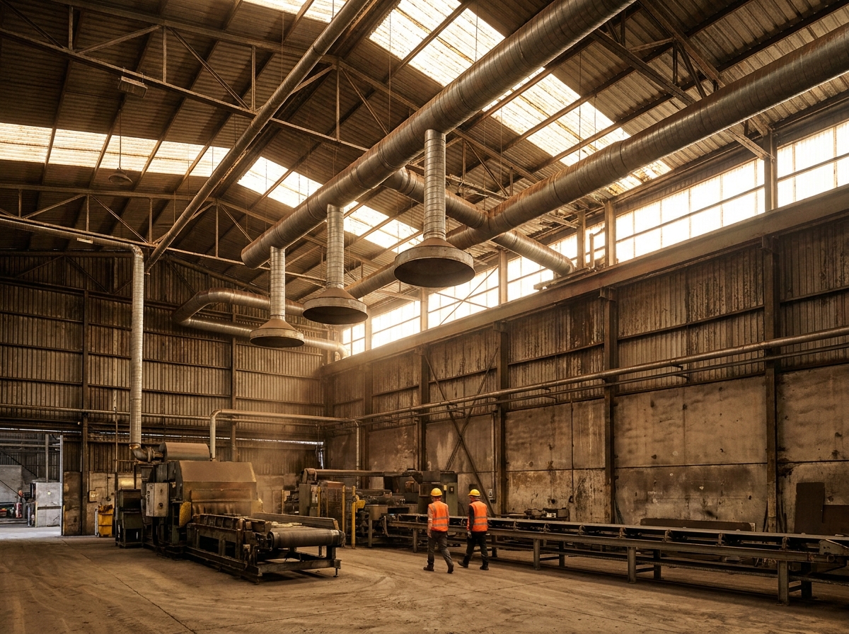 Vue intérieure d'un entrepôt industriel avec système de ventilation et extraction de poussières aéroportées