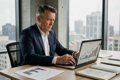 Entrepreneur analysant les indicateurs du baromètre entreprendre 2026 sur un ordinateur portable dans un bureau moderne