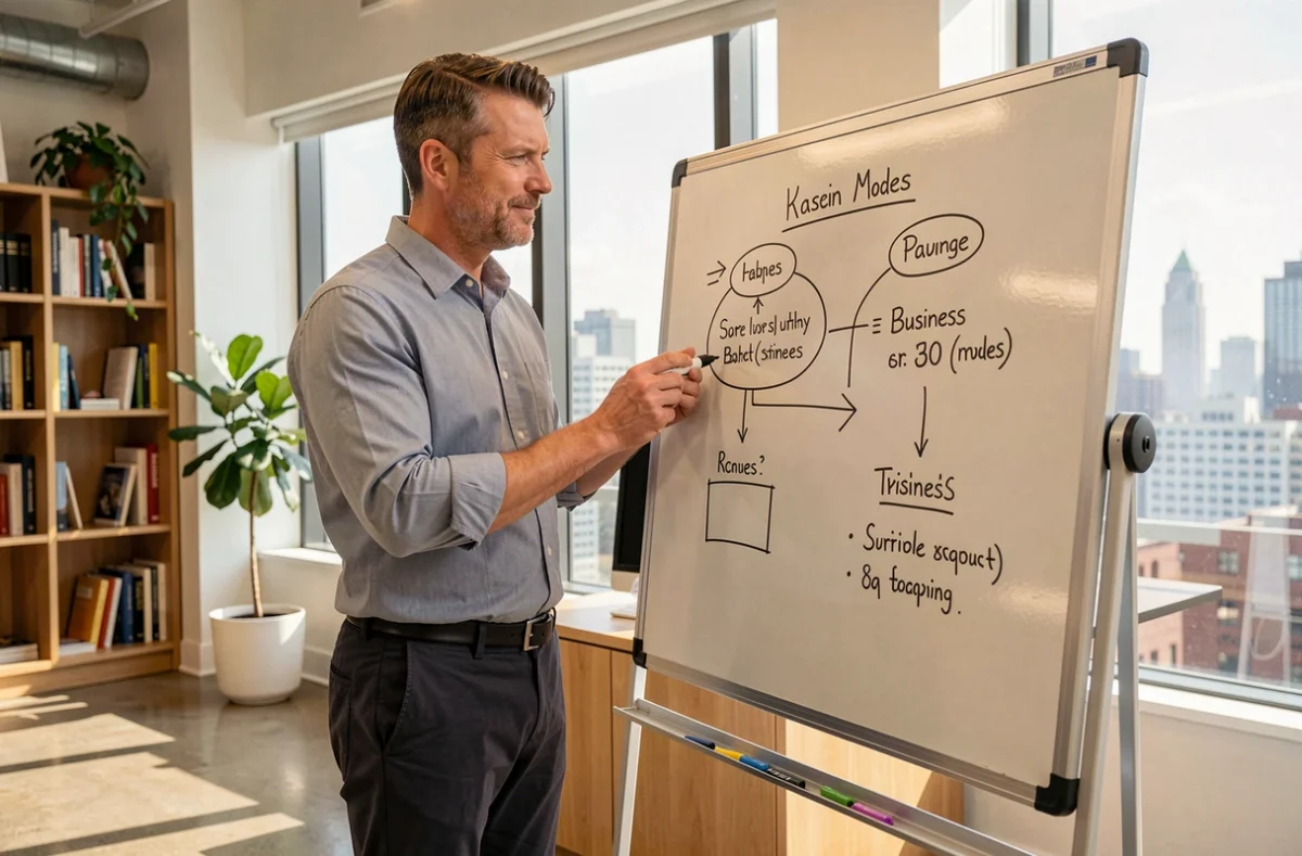 Entrepreneur comparant le portage salarial et la micro-entreprise sur un tableau blanc en bureau moderne