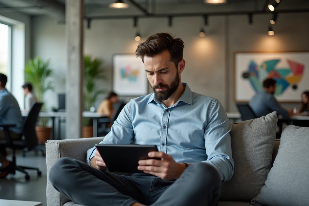 Entrepreneur consultant comparant des offres sur une plateforme B2B en ligne depuis sa tablette dans un espace de travail ouvert