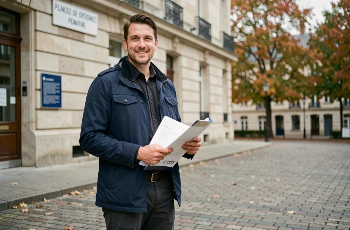 Jeune entrepreneur devant un bâtiment administratif français avec ses documents de création d'entreprise