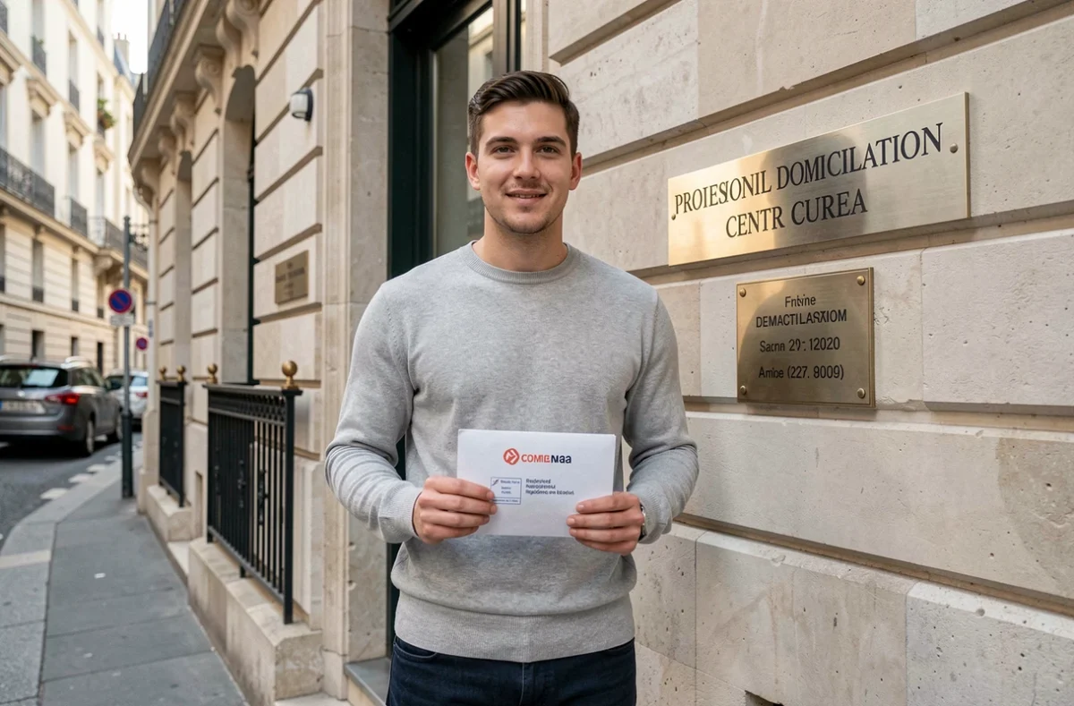 Jeune entrepreneur tenant une enveloppe officielle devant un centre de domiciliation d'entreprise à Paris