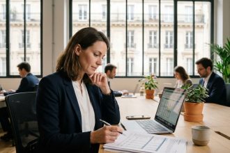 Femme entrepreneur en blazer marine analysant des documents financiers dans un espace de coworking à Levallois-Perret