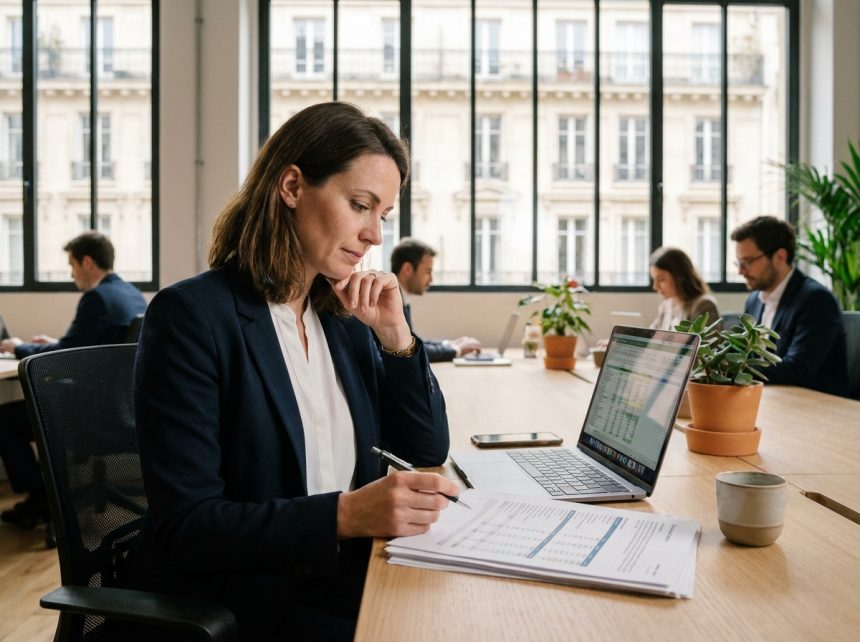 Femme entrepreneur en blazer marine analysant des documents financiers dans un espace de coworking à Levallois-Perret