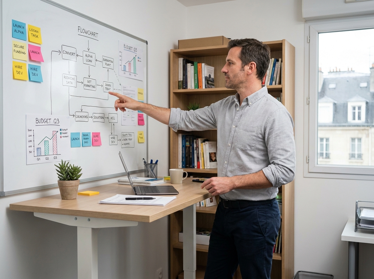 Entrepreneur masculin présentant un plan d'affaires sur tableau blanc dans un bureau moderne à Levallois-Perret