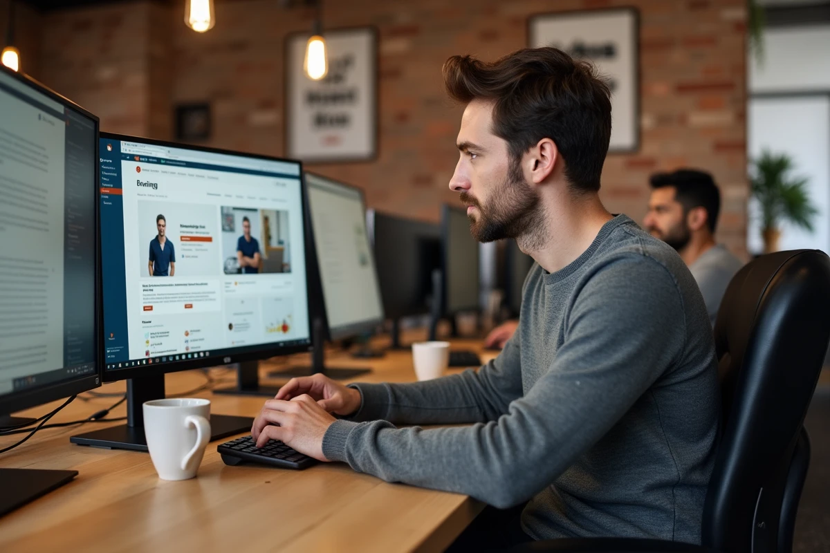 Entrepreneur français utilisant une plateforme numérique d'affaires dans un espace de coworking contemporain