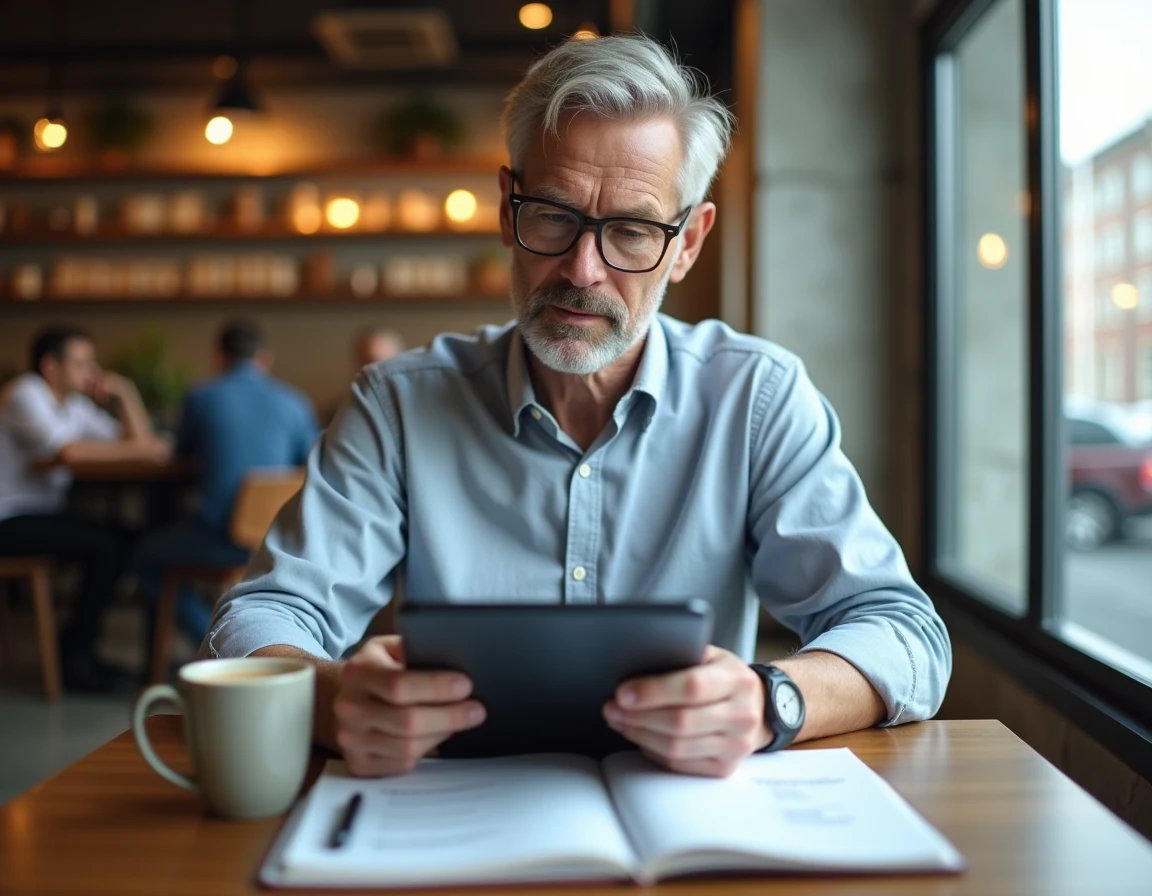Entrepreneur de PME consultant un guide opérationnel sur tablette dans un espace de coworking pour préparer une fusion acquisition