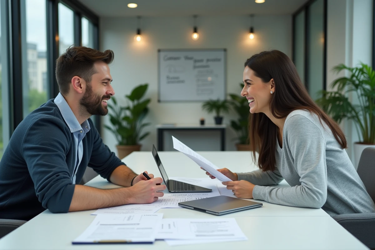Deux entrepreneurs collaborant sur des documents de tarification pour la digitalisation de leur petite entreprise dans un espace de coworking