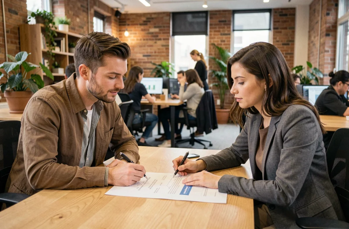 Deux entrepreneurs discutant d'un plan d'affaires dans un espace de co-working pour bénéficier des aides à la création d'activité