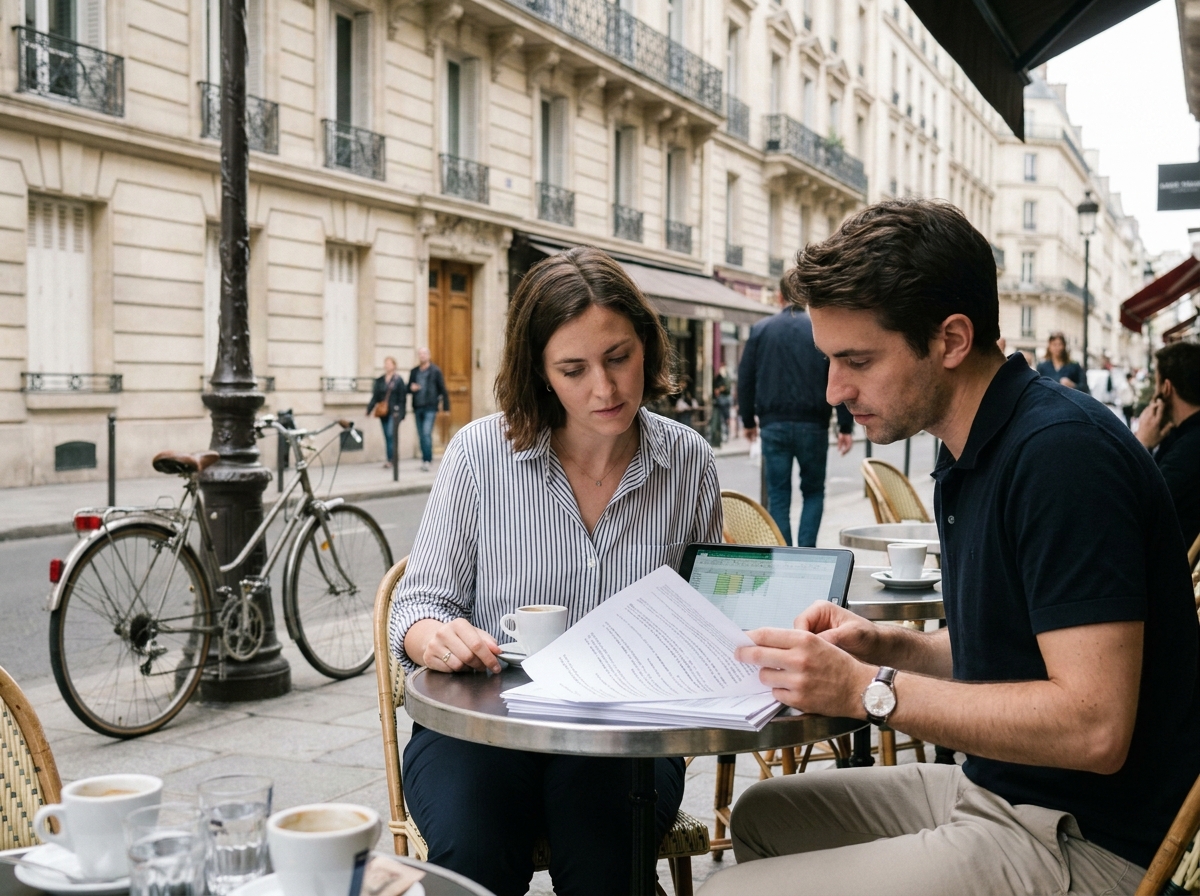 Deux entrepreneurs discutant de paperasse administrative autour d'un café en terrasse à Levallois-Perret
