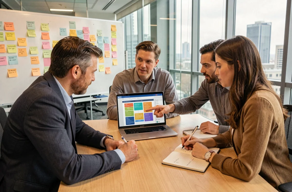 Équipe d'agence en réunion autour d'un logiciel de collaboration de gestion de projet sur ordinateur portable