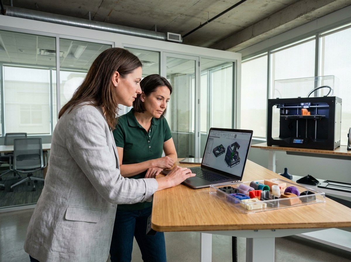 Designer produit et responsable fabrication analysant des échantillons de pièces imprimées en 3D dans un bureau moderne