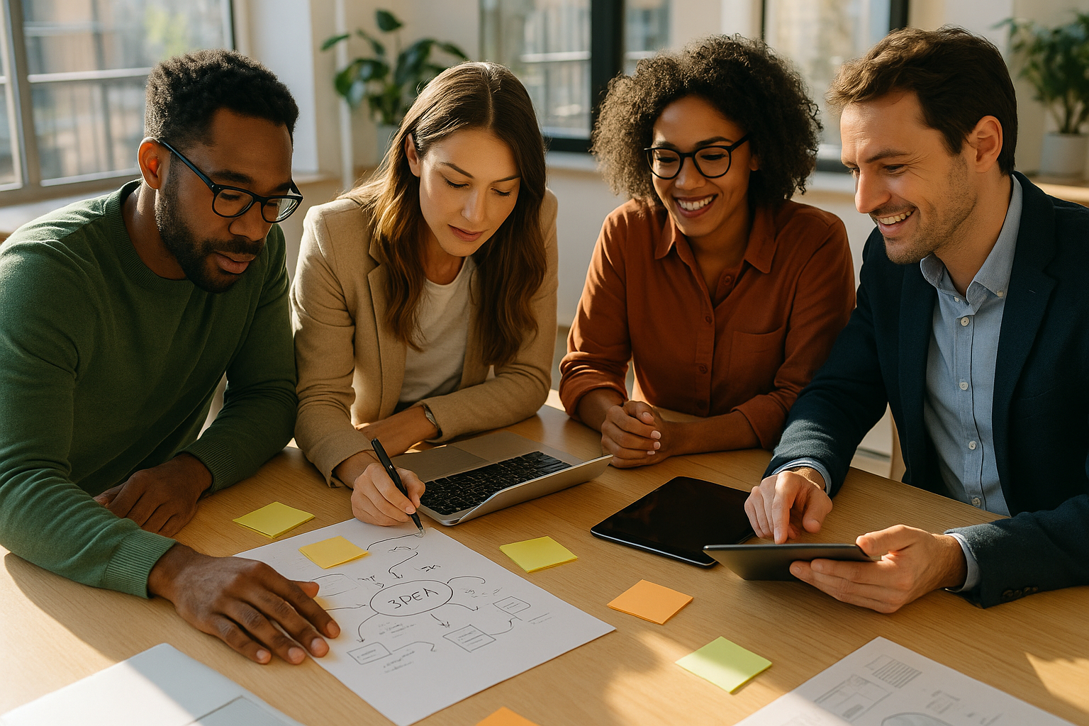 Groupe diversifié de professionnels en brainstorming dans un bureau lumineux