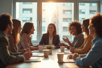 Groupe divers d'employes de bureau lors d'une reunion conviviale