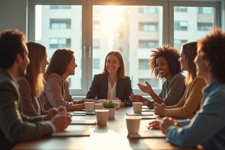 Groupe divers d'employes de bureau lors d'une reunion conviviale