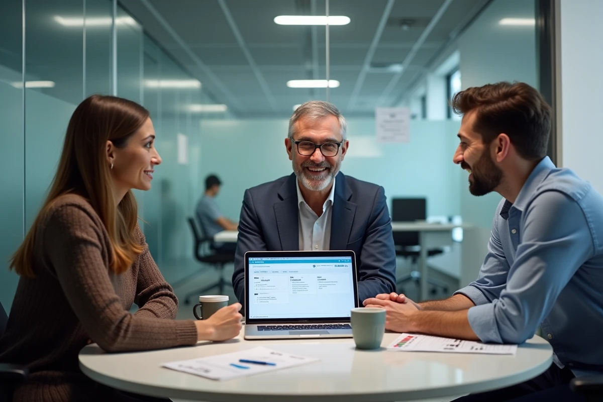 Équipe de collaborateurs réunis en salle de réunion autour d'un intranet d'entreprise Inetum pour améliorer la collaboration numérique au quotidien