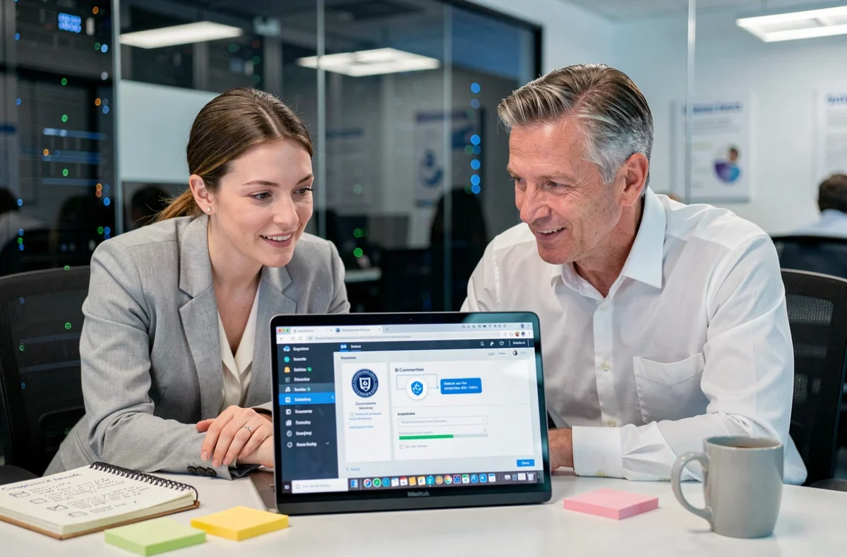 Deux professionnels collaborant sur la configuration sécurisée d'une connexion BI et la gestion de la conformité RGPD sur un ordinateur portable