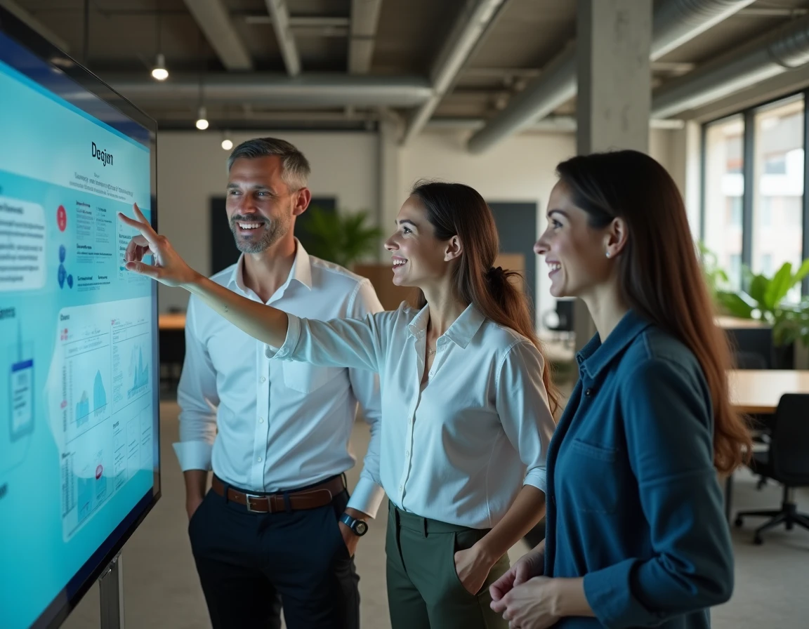 Équipe de consultants analysant des données et un plan de projet sur un écran interactif dans un bureau moderne