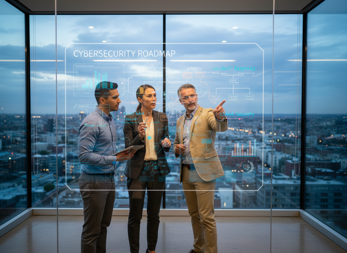 Groupe de professionnels collaborant autour d’un tableau blanc numérique