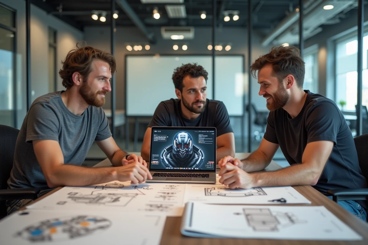 Équipe de développeurs de 343 Industries en réunion de conception autour d'artworks de Halo Infinite, illustrant la collaboration créative du studio