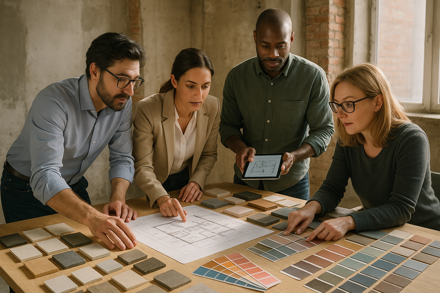 Groupe de professionnels discutant plans d