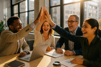Photo hyperrealiste d'une equipe diverse au bureau en train de célébrer