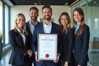 Équipe d'affaires dans un bureau moderne affichant un certificat officiel