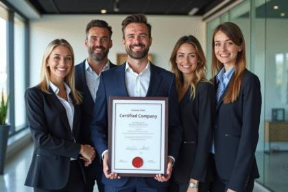 Équipe d'affaires dans un bureau moderne affichant un certificat officiel