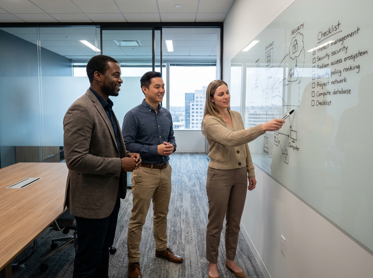 Groupe de professionnels IT discutant devant un tableau blanc