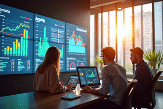 Equipe marketing digital collaborant avec graphiques analytiques