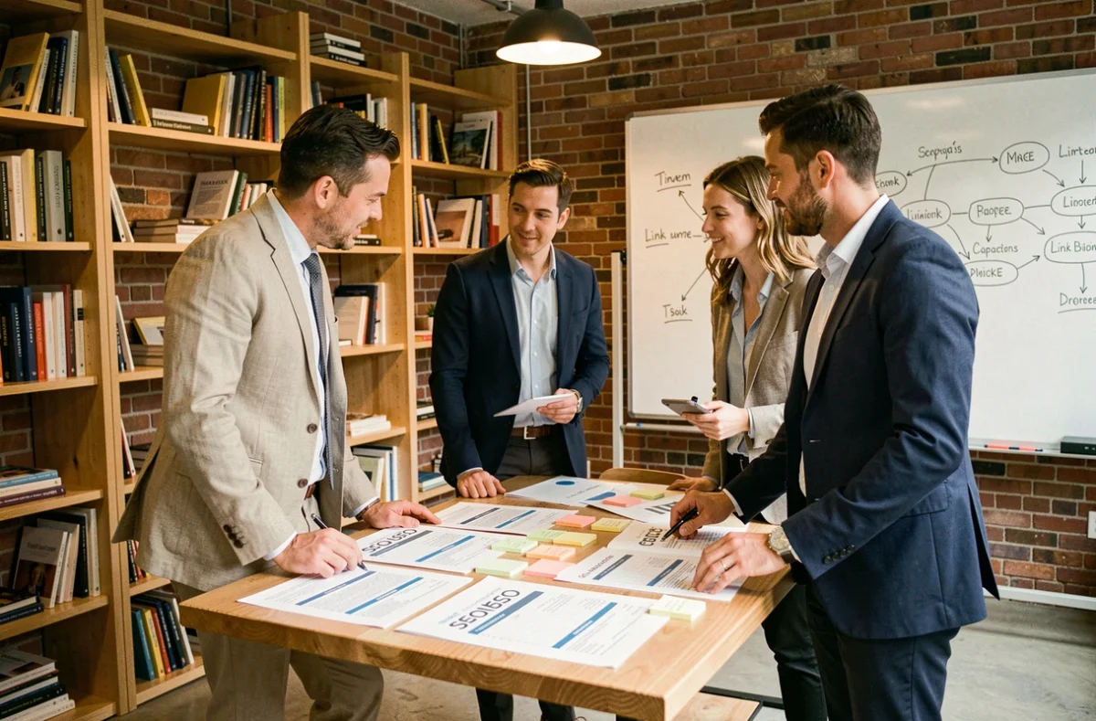 Équipe marketing collaborant autour de rapports SEO et stratégie de netlinking en agence