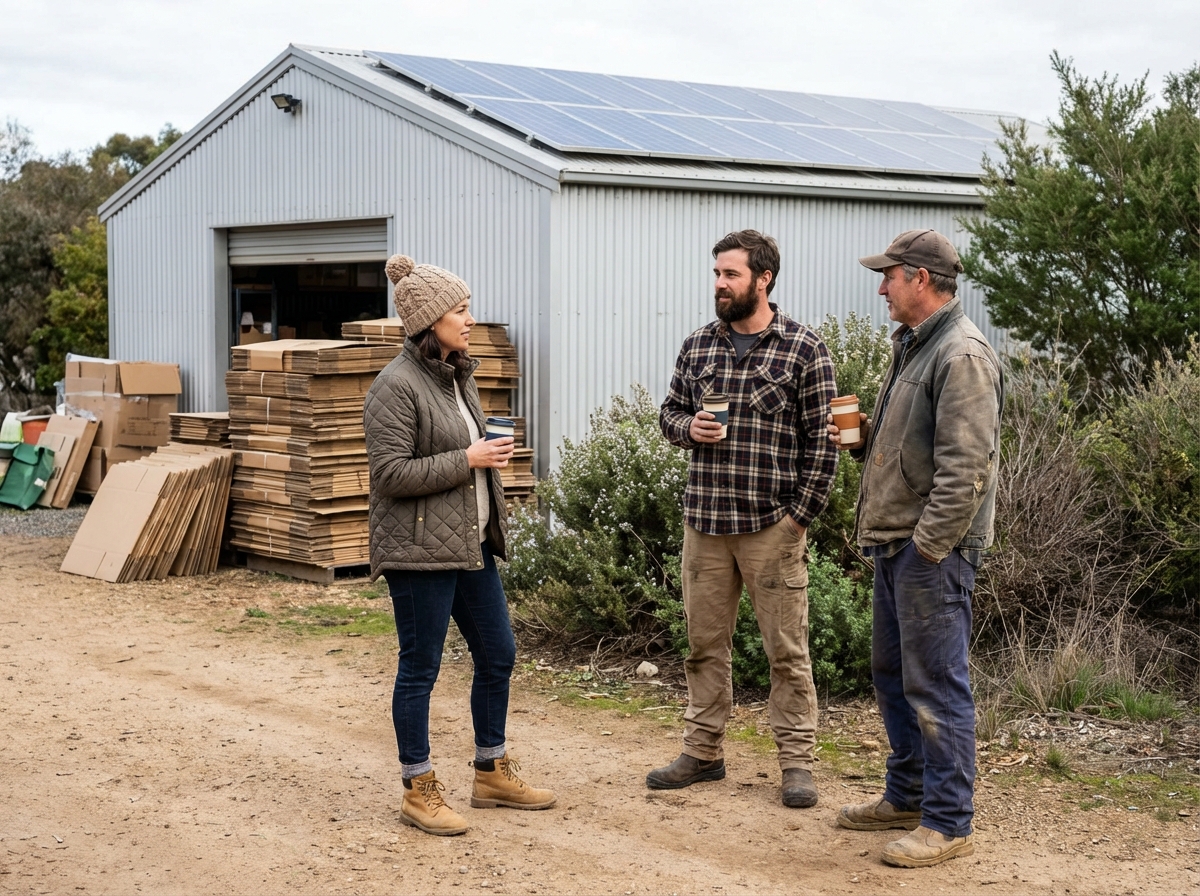 Groupe de trois personnes discutant devant un entrepôt solaire