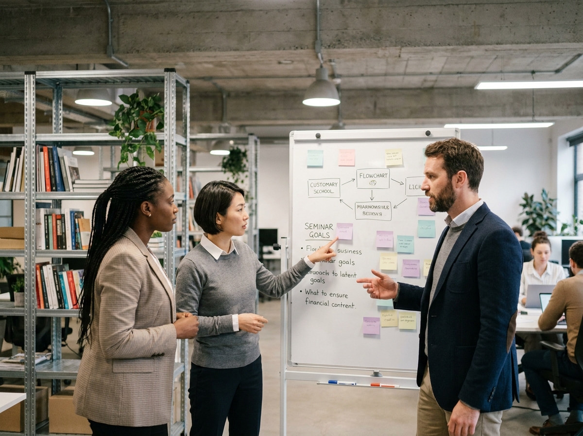 Équipe de professionnels planifiant un séminaire interne autour d'un tableau blanc avec check-lists et post-its colorés