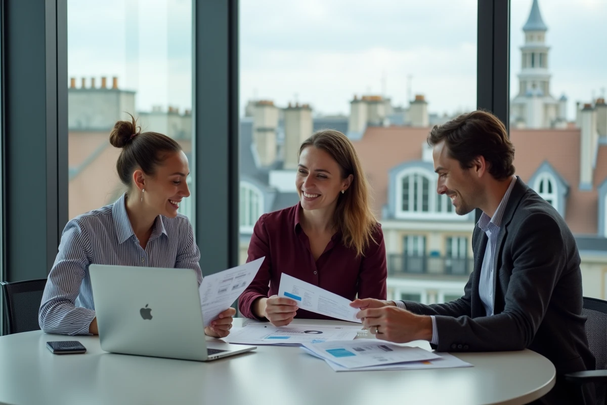 Équipe de professionnels français collaborant autour d'un annuaire d'entreprises dans une salle de réunion moderne